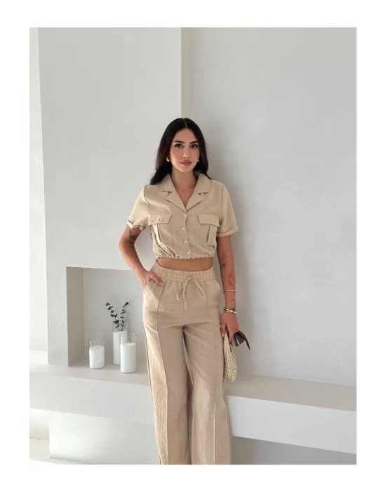 Kadın Keten Crop Gömlek ve Pantolon Takım Yazlık Şık ve Trend