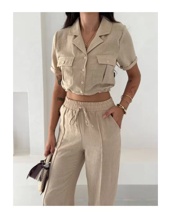 Kadın Keten Crop Gömlek ve Pantolon Takım Yazlık Şık ve Trend