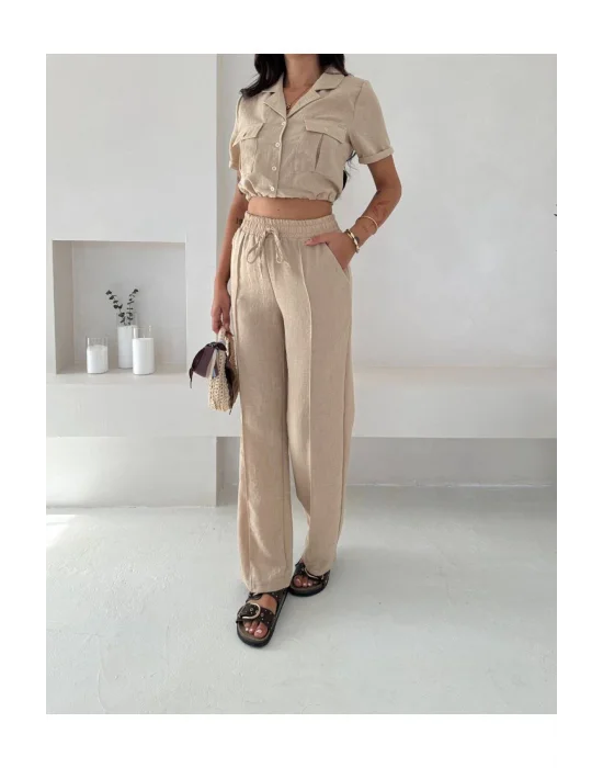 Kadın Keten Crop Gömlek ve Pantolon Takım Yazlık Şık ve Trend