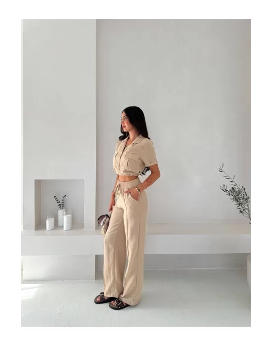 Kadın Keten Crop Gömlek ve Pantolon Takım Yazlık Şık ve Trend