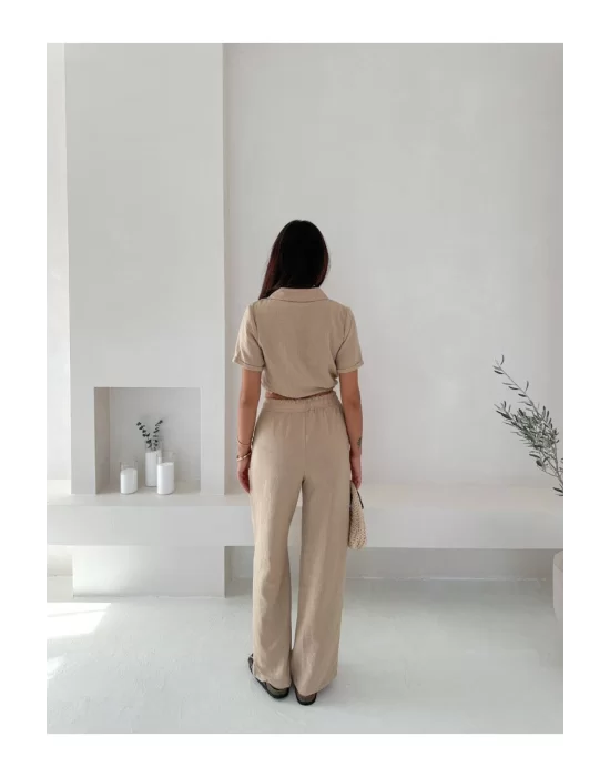 Kadın Keten Crop Gömlek ve Pantolon Takım Yazlık Şık ve Trend