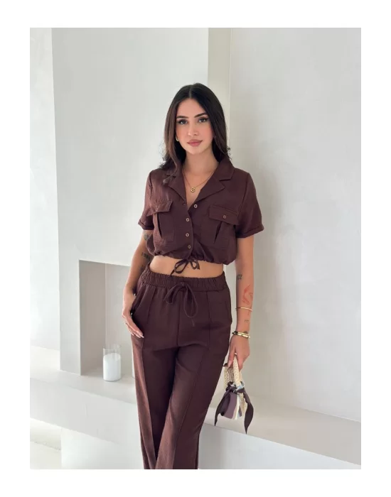 Kadın Keten Crop Gömlek ve Pantolon Takım Yazlık Şık ve Trend