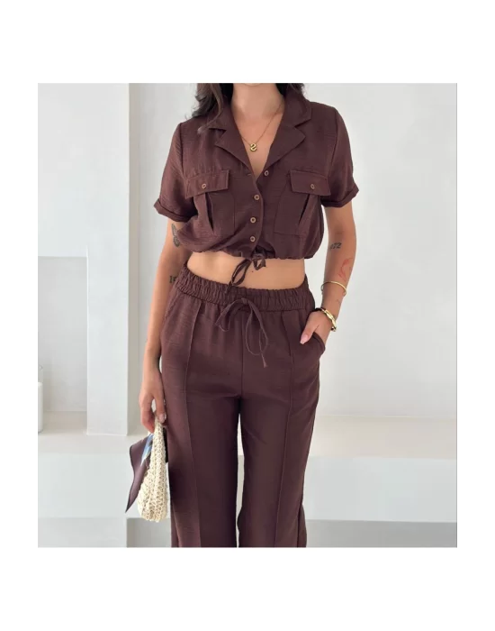 Kadın Keten Crop Gömlek ve Pantolon Takım Yazlık Şık ve Trend