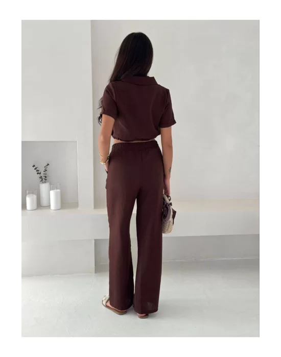 Kadın Keten Crop Gömlek ve Pantolon Takım Yazlık Şık ve Trend