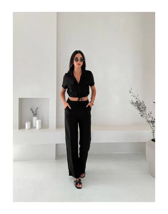 Kadın Keten Crop Gömlek ve Pantolon Takım Yazlık Şık ve Trend