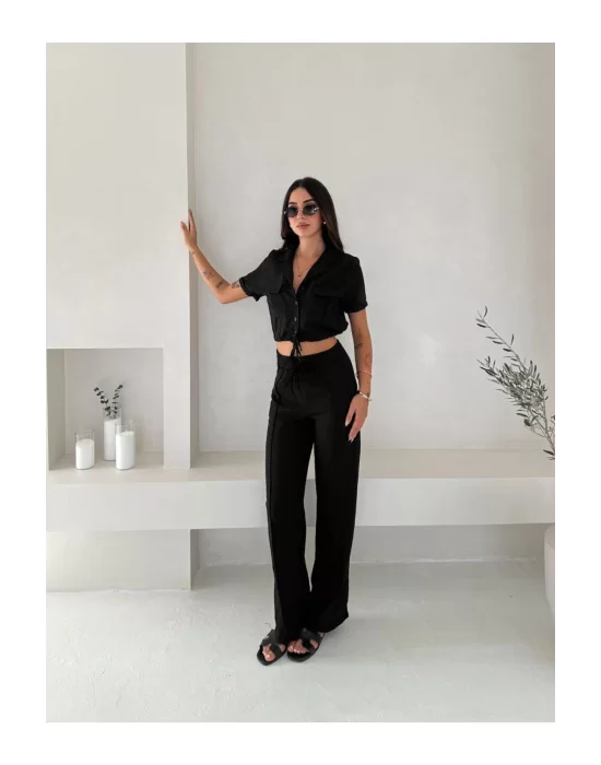 Kadın Keten Crop Gömlek ve Pantolon Takım Yazlık Şık ve Trend