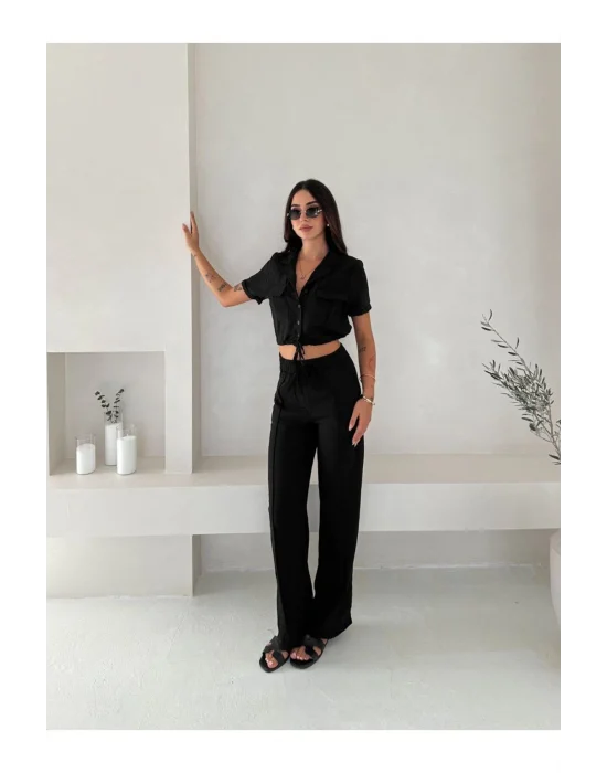 Kadın Keten Crop Gömlek ve Pantolon Takım Yazlık Şık ve Trend