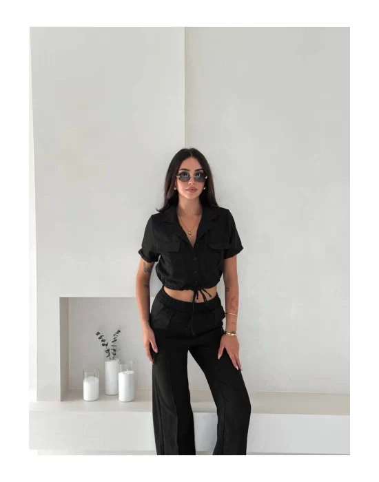 Kadın Keten Crop Gömlek ve Pantolon Takım Yazlık Şık ve Trend