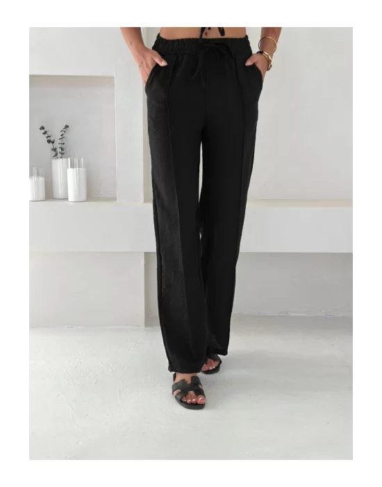 Kadın Keten Crop Gömlek ve Pantolon Takım Yazlık Şık ve Trend