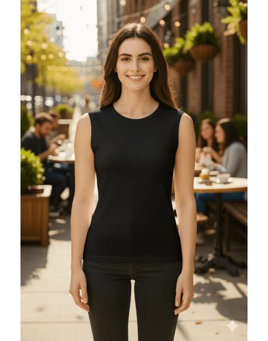 MetuCa Kadın Siyah Bisiklet Yaka Sıfır Kol Likralı Pamuklu Vücudu Saran Basic Atlet