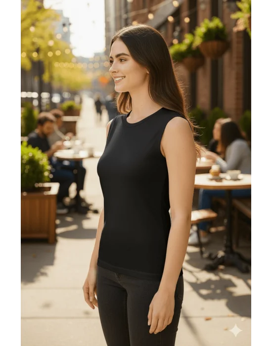 MetuCa Kadın Siyah Bisiklet Yaka Sıfır Kol Likralı Pamuklu Vücudu Saran Basic Atlet