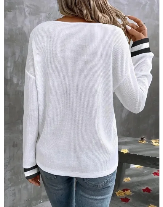 MetuCa Kadın Beyaz Çizgili V Yaka Düşük Omuz Uzun Kollu Waffle Kumaş Kazak Bluz
