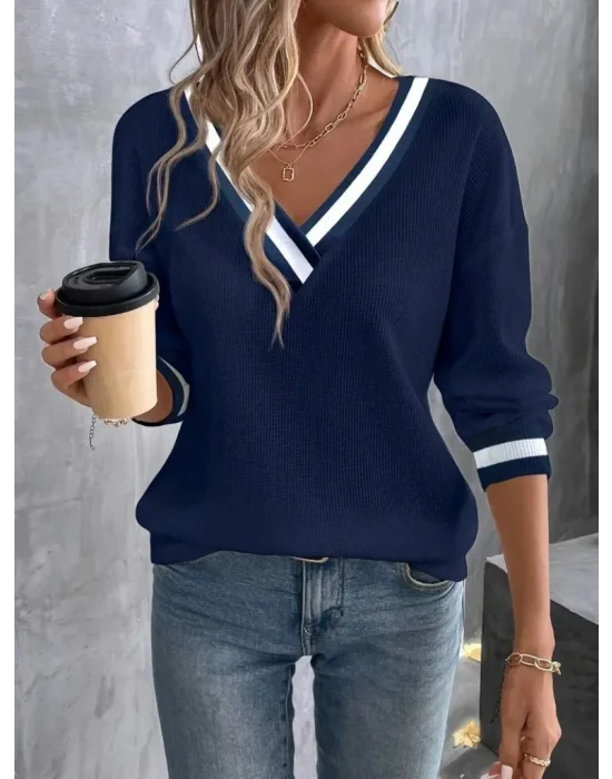 MetuCa Kadın Lacivert Çizgili V Yaka Düşük Omuz Uzun Kollu Waffle Kumaş Kazak Bluz