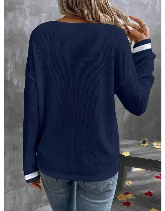 MetuCa Kadın Lacivert Çizgili V Yaka Düşük Omuz Uzun Kollu Waffle Kumaş Kazak Bluz