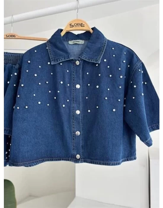 Taş Detaylı Gömlek Şort Denim Takım 10175