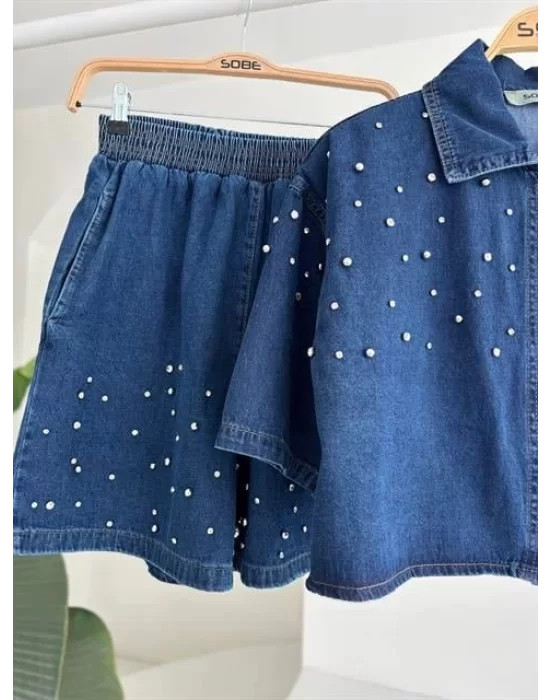 Taş Detaylı Gömlek Şort Denim Takım 10175