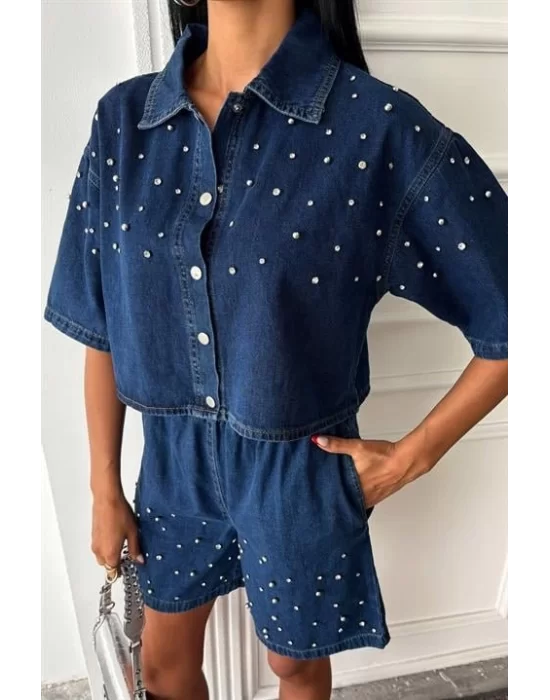 Taş Detaylı Gömlek Şort Denim Takım 10175