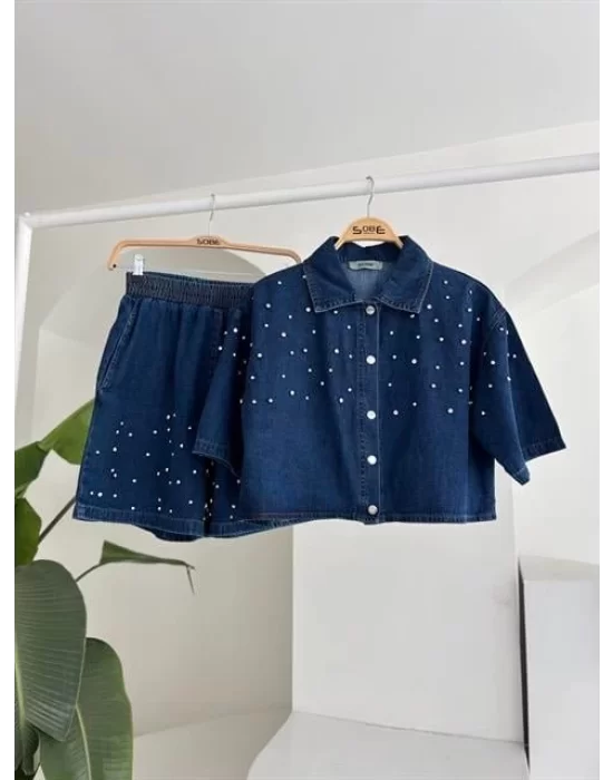 Taş Detaylı Gömlek Şort Denim Takım 10175