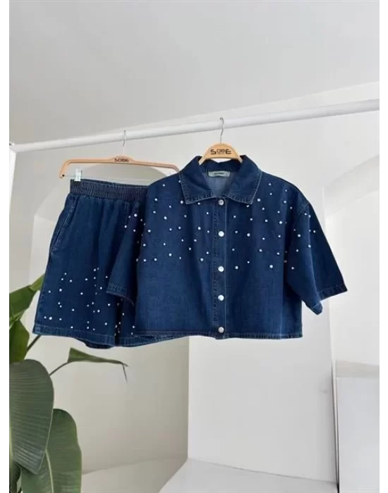 Taş Detaylı Gömlek Şort Denim Takım 10175