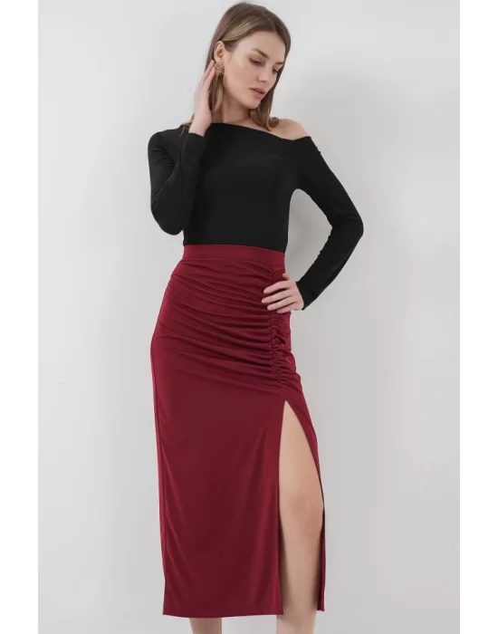 8033 Sandy Yırtmaçlı Etek - Bordo