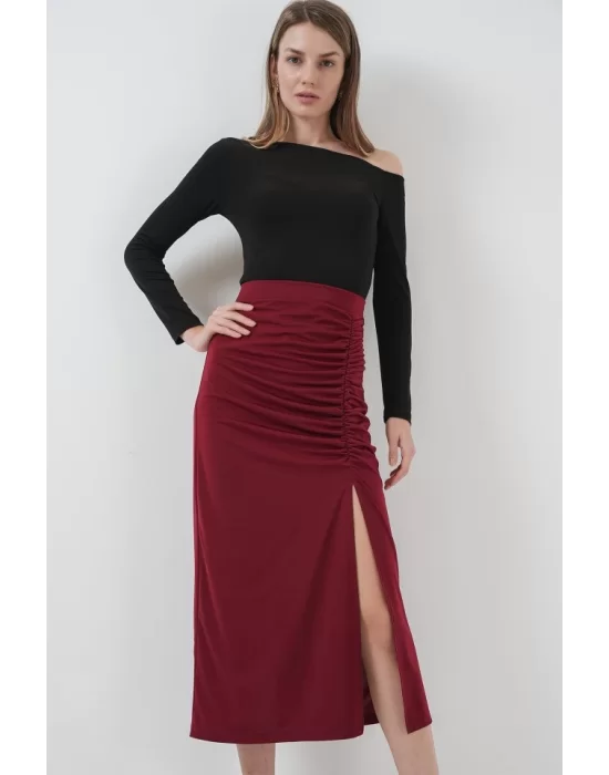 8033 Sandy Yırtmaçlı Etek - Bordo