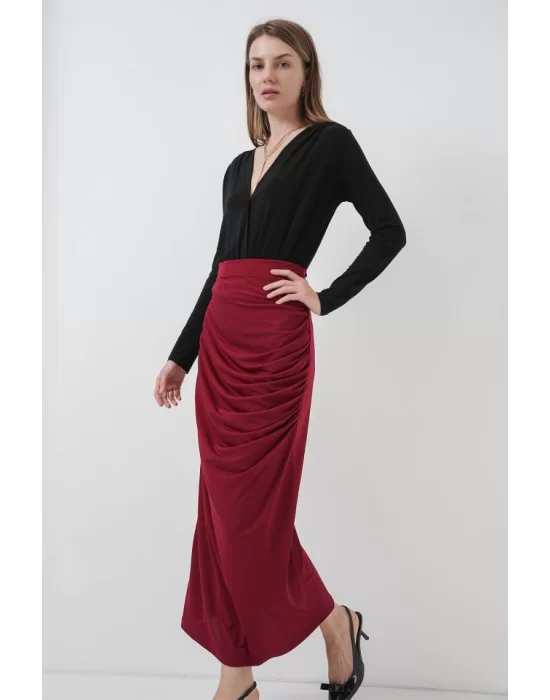 8035 Büzgülü Midi Etek - Bordo