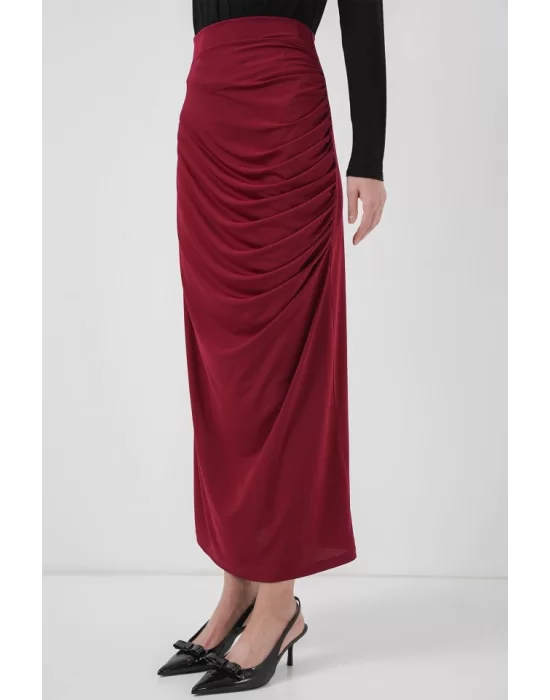 8035 Büzgülü Midi Etek - Bordo
