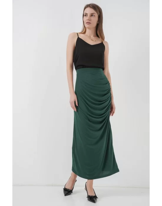 8035 Büzgülü Midi Etek - Zümrüt Yeşili