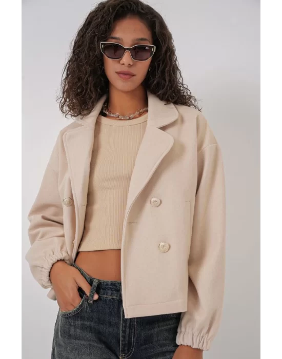 9117 Kruvaze Yaka Crop Ceket - Bej