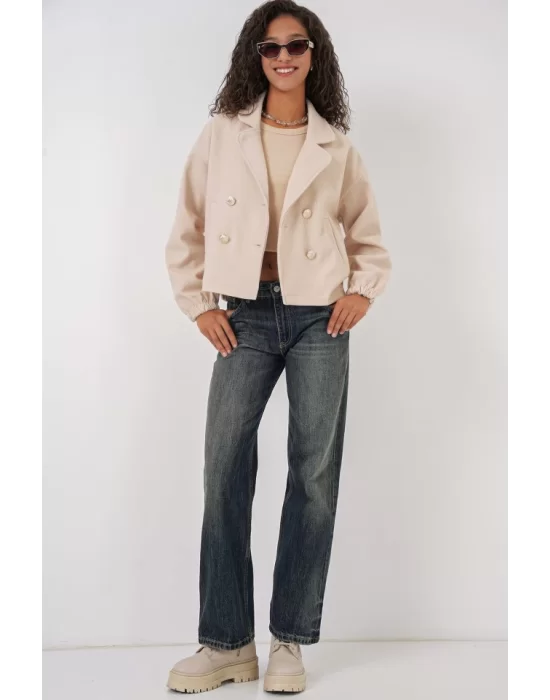 9117 Kruvaze Yaka Crop Ceket - Bej