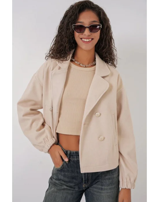 9117 Kruvaze Yaka Crop Ceket - Bej