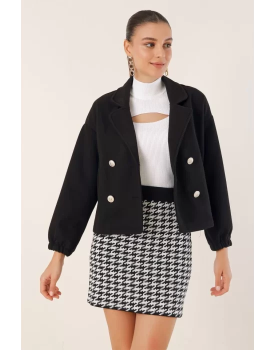 9117 Kruvaze Yaka Crop Ceket - Siyah