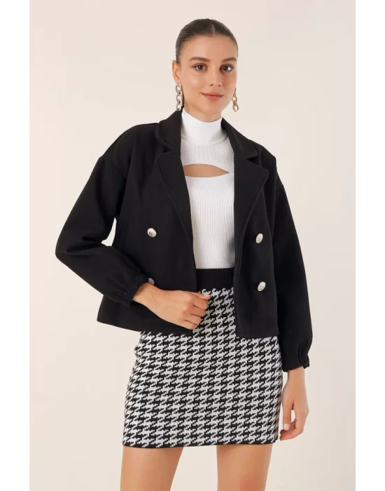 9117 Kruvaze Yaka Crop Ceket - Siyah