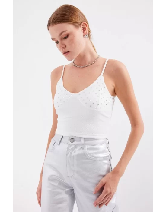 918 İp Askılı Crop Top - Beyaz