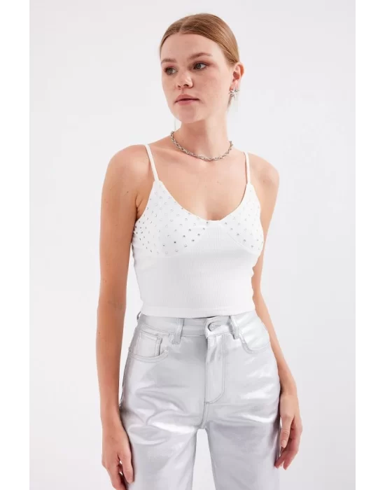 918 İp Askılı Crop Top - Beyaz
