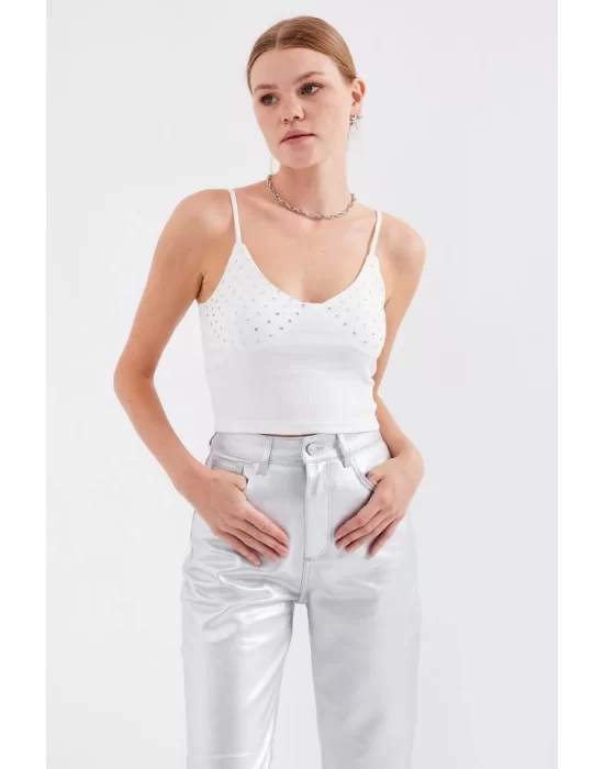 918 İp Askılı Crop Top - Beyaz