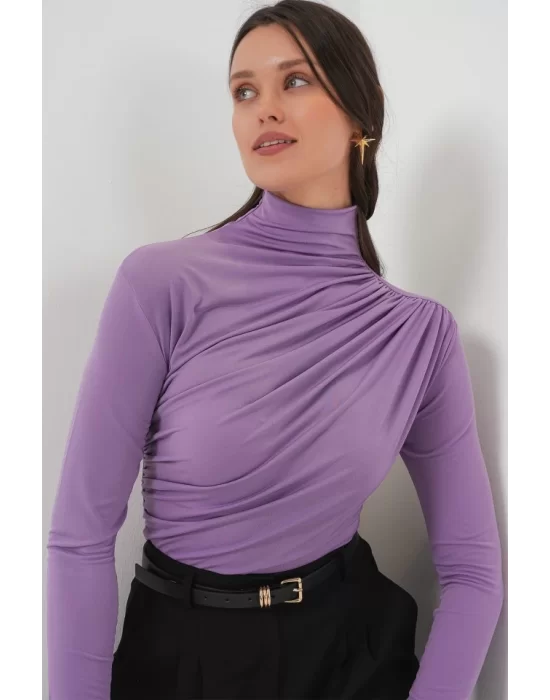 925 Büzgü Detaylı Sandy Bluz - Lila