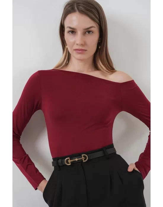 937 Kayık Yaka Sandy Bluz - Bordo
