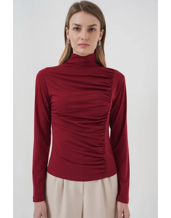938 Büzgü Detaylı Dik Yaka Sandy Bluz - Bordo