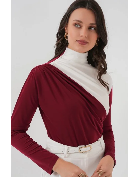 940 Büzgü Detaylı Sandy Bluz - Bordo