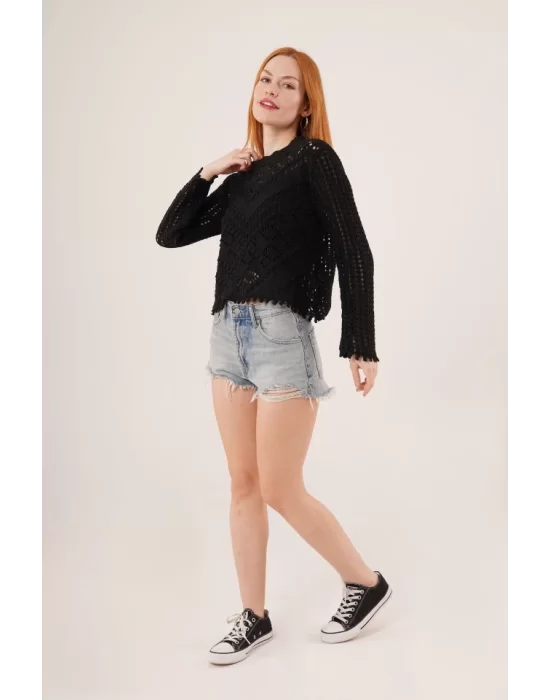 Ajurlu Delikli Model Mevsimlik Siyah Kazak