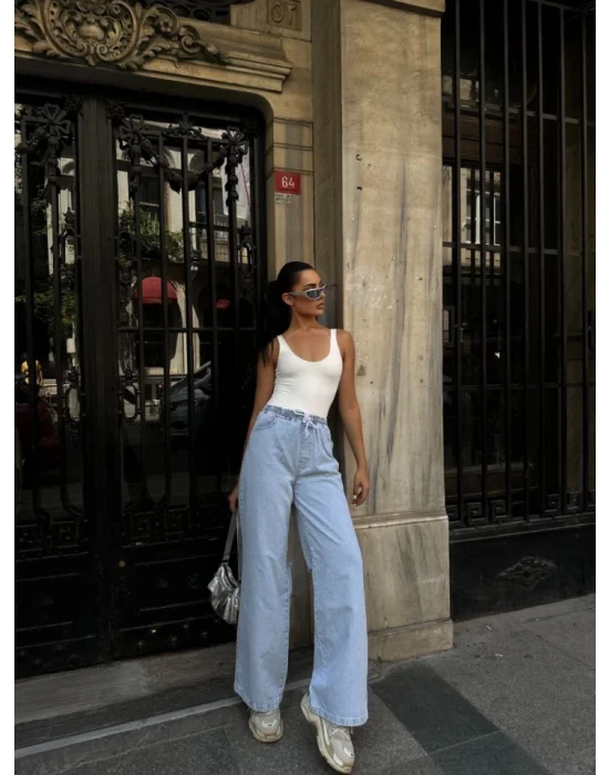 Arkadan Yırtmaçlı Jeans Kot Palazzo Pantolon - Mavi