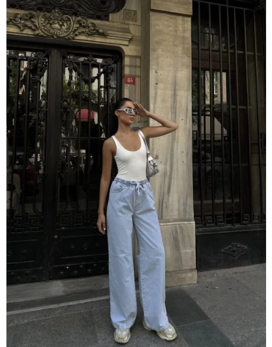 Arkadan Yırtmaçlı Jeans Kot Palazzo Pantolon - Mavi