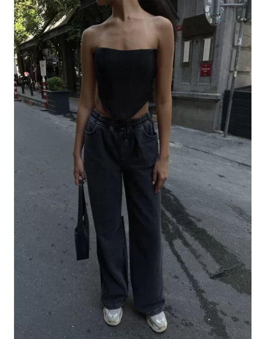 Arkadan Yırtmaçlı Jeans Kot Palazzo Pantolon - Siyah