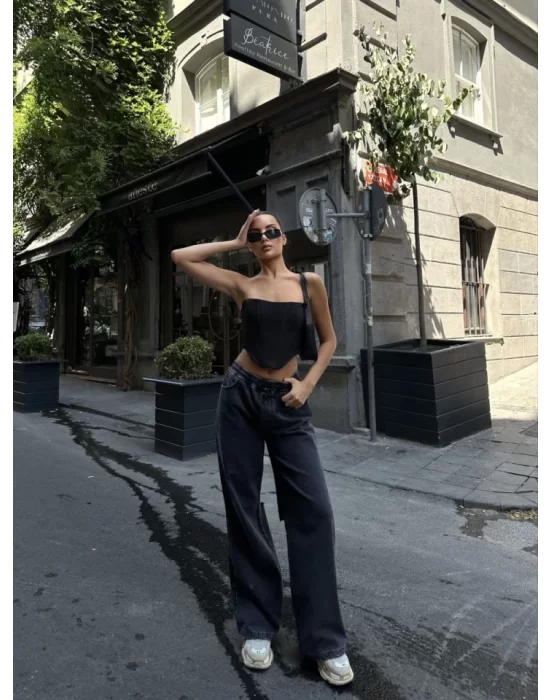 Arkadan Yırtmaçlı Jeans Kot Palazzo Pantolon - Siyah