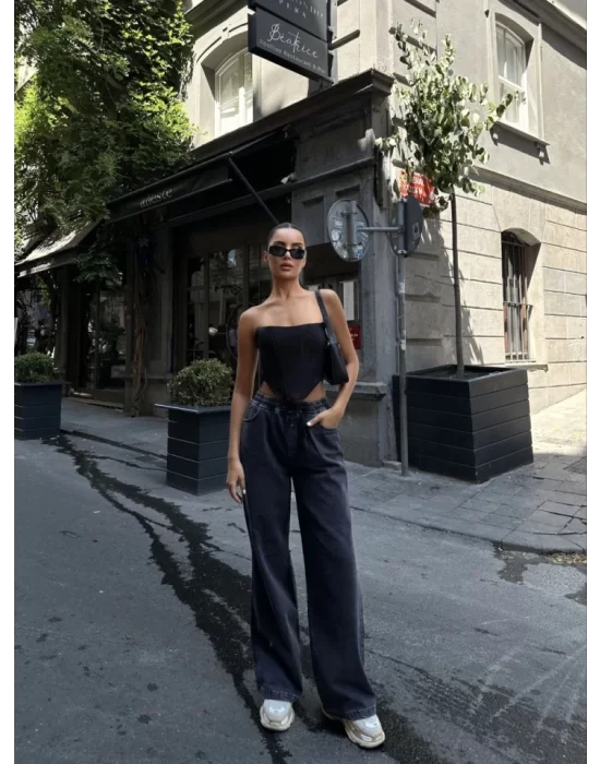 Arkadan Yırtmaçlı Jeans Kot Palazzo Pantolon - Siyah
