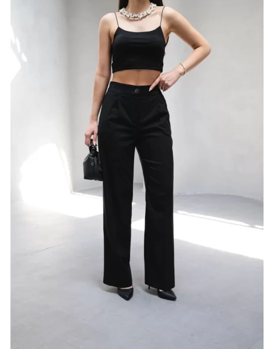 Arkasi Lasti̇kli̇ Pi̇leli̇ Dökümlü Wide Leg Pantolon