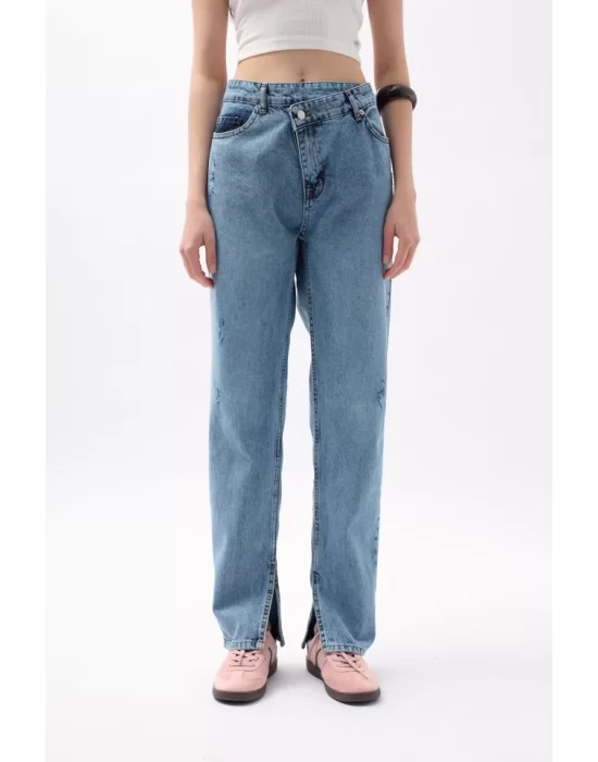 Asimetrik Bel Paça Yırtmaçlı Jean