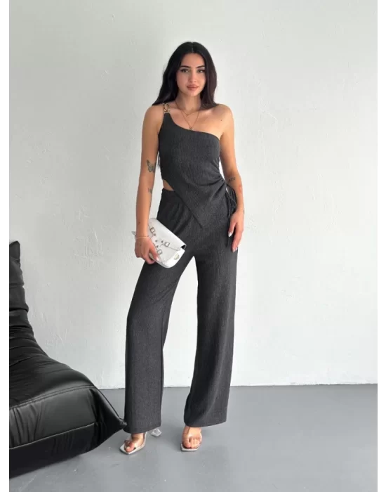 Asimetrik Crop Pantalon Ikili Takım - Füme