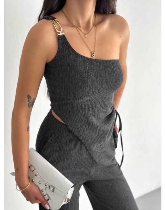 Asimetrik Crop Pantalon Ikili Takım - Füme